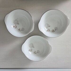 VTG Rosay by Noritake 3 Lugged Cereal Bowls Japan 6216 Gray/White Roses on White